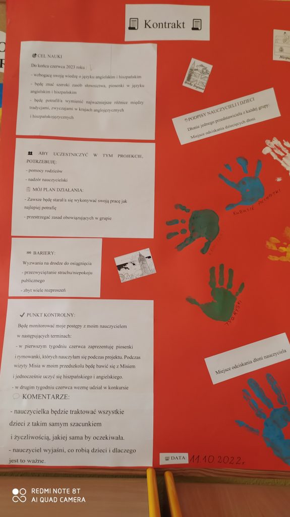 Prezentacja kontraktu pomiędzy nauczycielem a dziećmi ze wszystkich grup wiekowych. Kontrakt zawiera wytyczne dotyczące zachowania na zajęciach oraz konkretne cele podczas projektu Moja angielsko-hiszpańska przygoda.